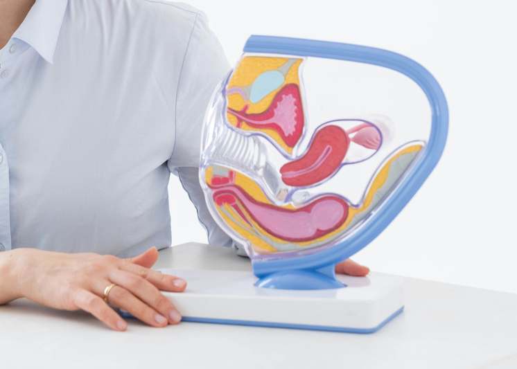 Person reading a blog post on a tablet with digestive enzyme bottles and leafy greens in the background